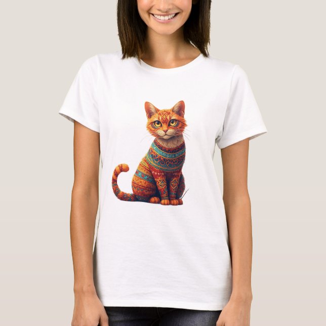 Cute Patterned Cat Illustration Folk Art Style T-Shirt (Front)