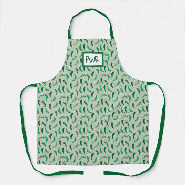 Cute Patterned Chile Peppers on Green Apron (Front)