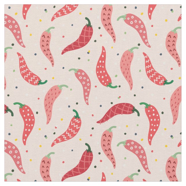 Cute Patterned Chile Peppers on Pink Fabric (Close Up)