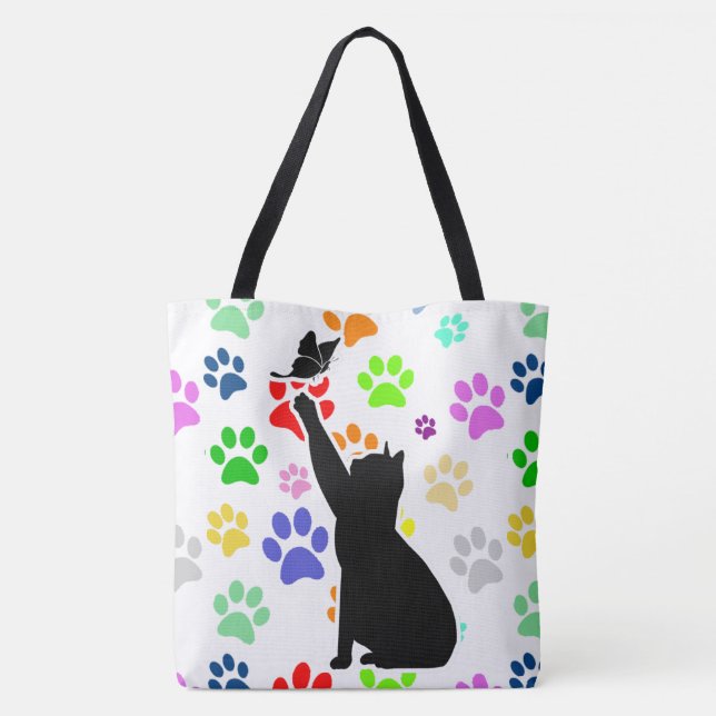 Cute Paw Pattern Cat Chasing a butterfly Tote Bag (Back)