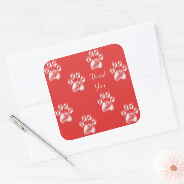 Cute Paw Pattern on Red Thank You Square Sticker (Envelope)