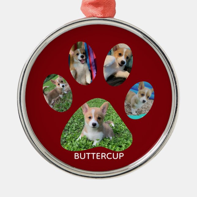 Cute Paw Print 5 Photo Dog Christmas Red Metal Tree Decoration (Front)