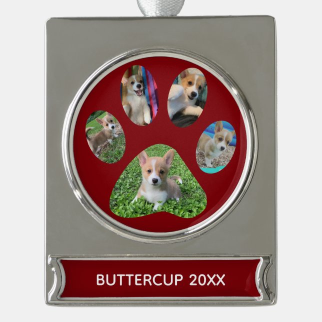 Cute Paw Print 5 Photo Dog Christmas Red Silver Plated Banner Ornament (Front)