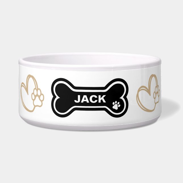 Cute Paw Print and Heart Personalised dog bowl (Front)