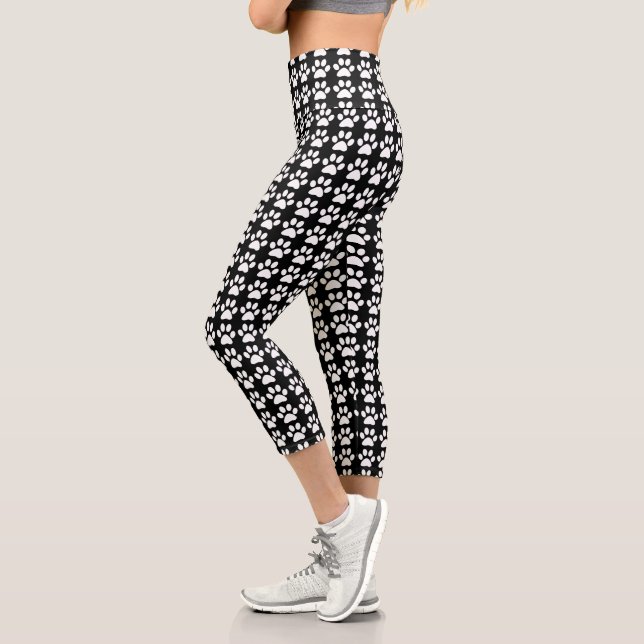 Cute Paw Print Black & White Pattern Trendy Capri Leggings (Left)