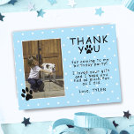 Cute Paw Print Blue Birthday Thank you Photo  Postcard<br><div class="desc">Cute Paw Print Blue Birthday Thank you Photo Postcard for Children. Cute photo birthday thank you card with paw prints, thank you note, a photo template and a child`s name. The background is blue with a white polka dot pattern. Insert your photo into the template and personalise it with your...</div>