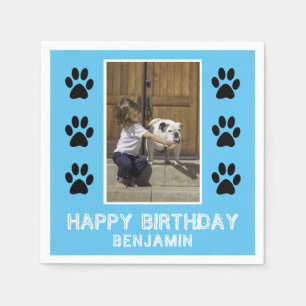 Cute Paw Print Boy Name Photo Birthday Party Napkin