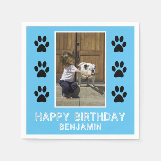 Cute Paw Print Boy Name Photo Birthday Party Napkin (Front)