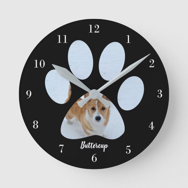 Cute Paw Print Dog Photo Custom Pet Owner Black Round Clock (Front)