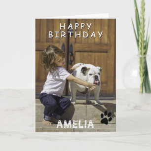 Cute Paw Print Happy Birthday Photo Card with Name