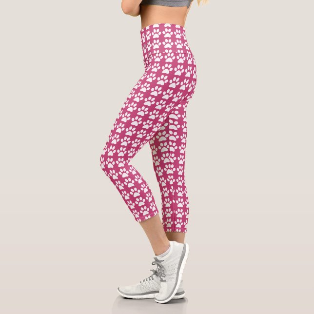 Cute Paw Print Pink & White Pattern Trendy Capri Leggings (Left)