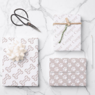 Cute Paw Prints Dog Bones Custom Name Wrapping Paper Sheet