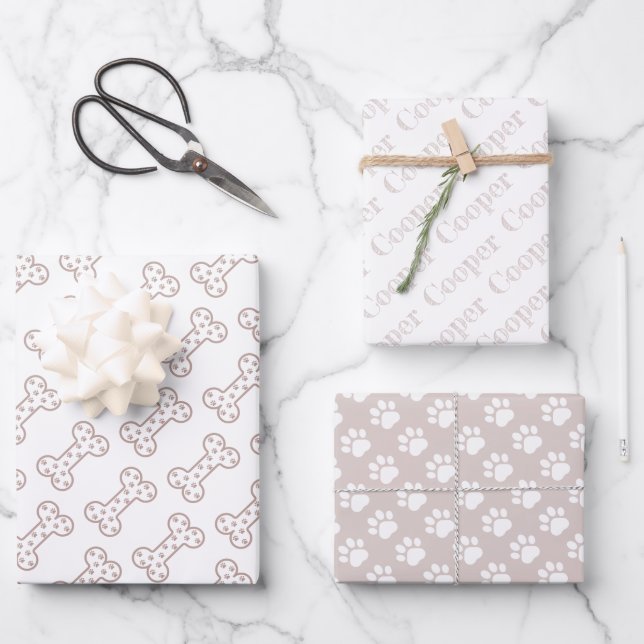 Cute Paw Prints Dog Bones Custom Name Wrapping Paper Sheet (Front)