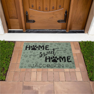 Cute Paw Prints & Name Home Sweet Home Sage Green Doormat
