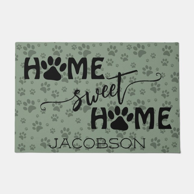 Cute Paw Prints & Name Home Sweet Home Sage Green Doormat (Front)