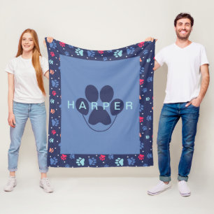 Cute Paw Prints Personalised Blue Fleece Pet Blanket