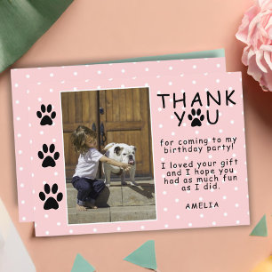 Cute Paw Prints Pink Birthday Thank you Photo Card