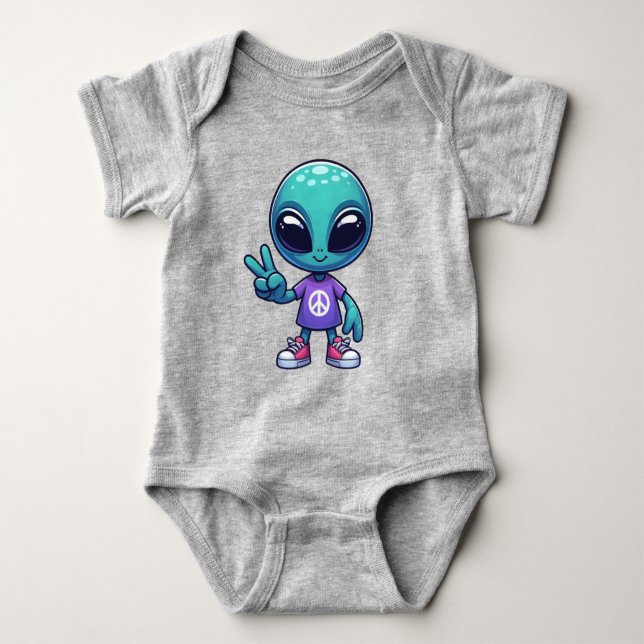 Cute Peace Alien & Space Ship Baby Bodysuit (Front)