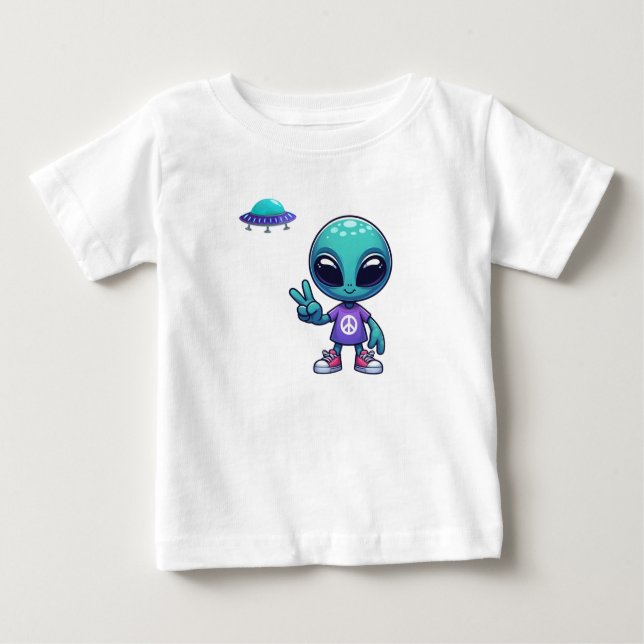 Cute Peace Alien & Space Ship Baby T-Shirt (Front)