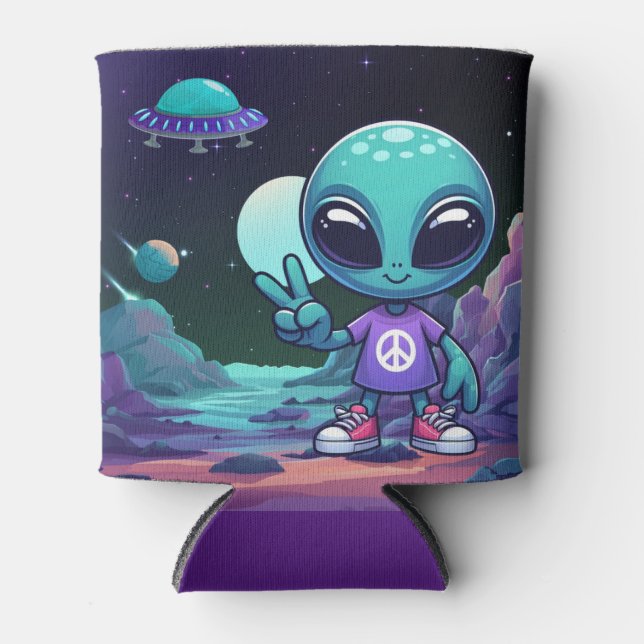Cute Peace Alien & Space Ship Can Cooler (Front)