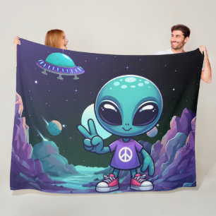 Cute Peace Alien & Space Ship Fleece Blanket