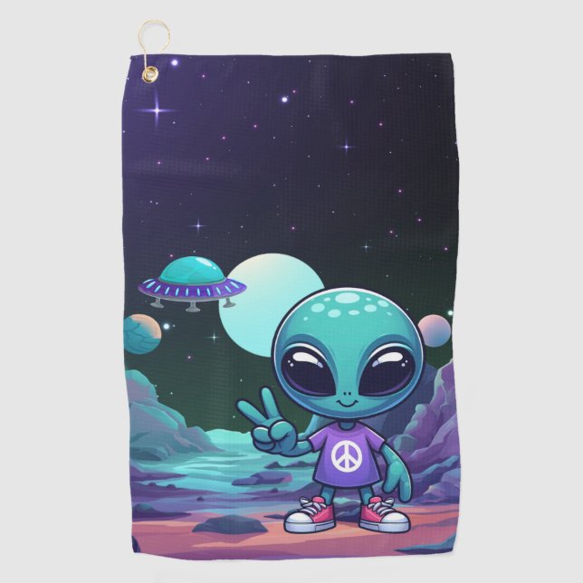 Cute Peace Alien & Space Ship Golf Towel (Front)