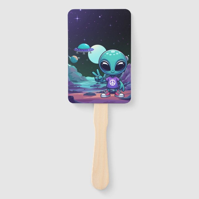 Cute Peace Alien & Space Ship Hand Fan (Front)