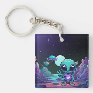 Cute Peace Alien & Space Ship Key Ring