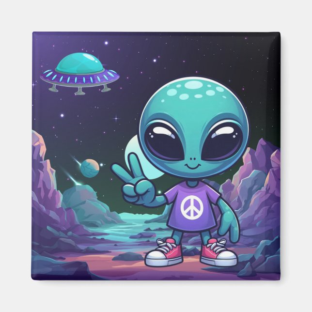 Cute Peace Alien & Space Ship Magnet (Front)