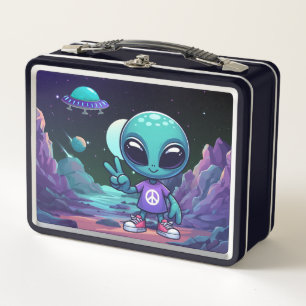 Cute Peace Alien & Space Ship Metal Lunch Box