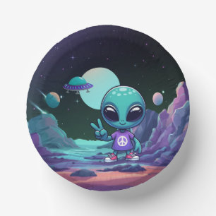 Cute Peace Alien & Space Ship Paper Plate