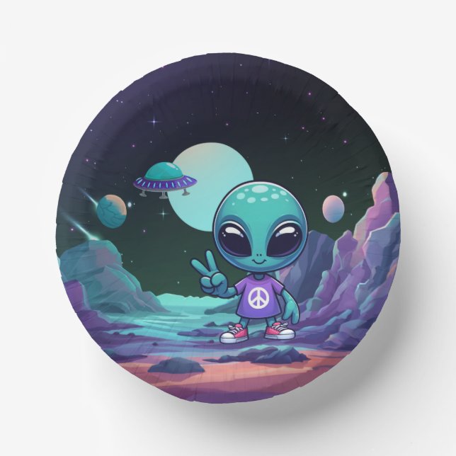 Cute Peace Alien & Space Ship Paper Plate (Front)
