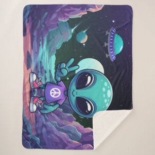 Cute Peace Alien & Space Ship Sherpa Blanket