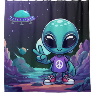 Cute Peace Alien & Space Ship Shower Curtain