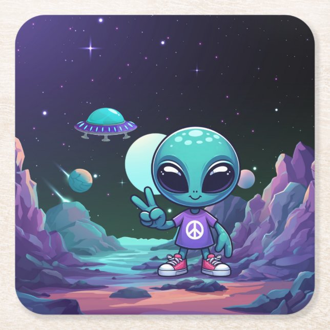 Cute Peace Alien & Space Ship Square Paper Coaster (Front)