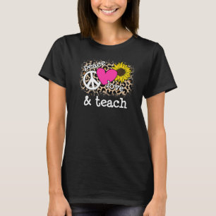 Cute Peace Love Teach Leopard Print Sunflower Pink T-Shirt