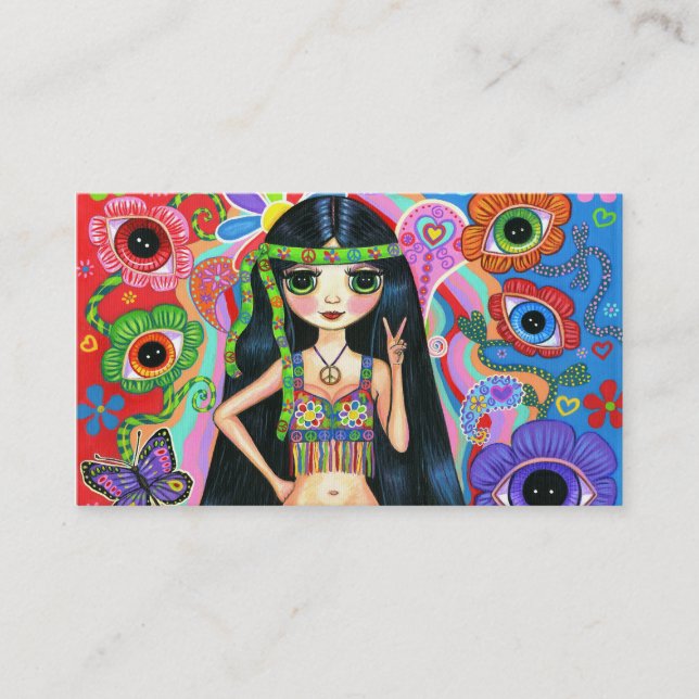 Cute Peace Sign Hippie Girl Business Card (Front)