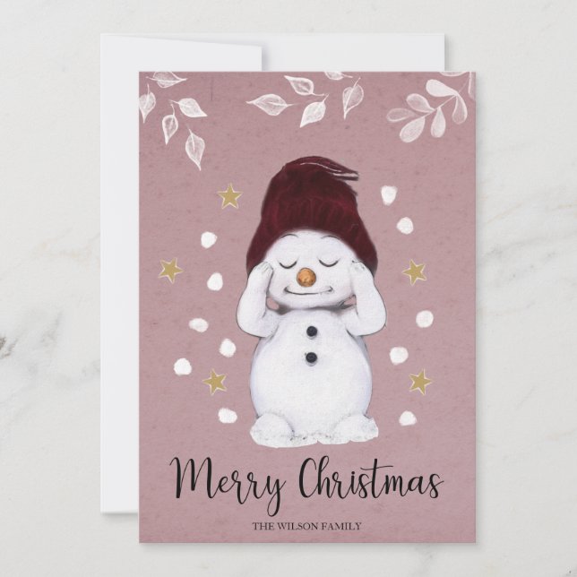 Cute Peaceful Snowman Pink Christmas Holiday (Front)