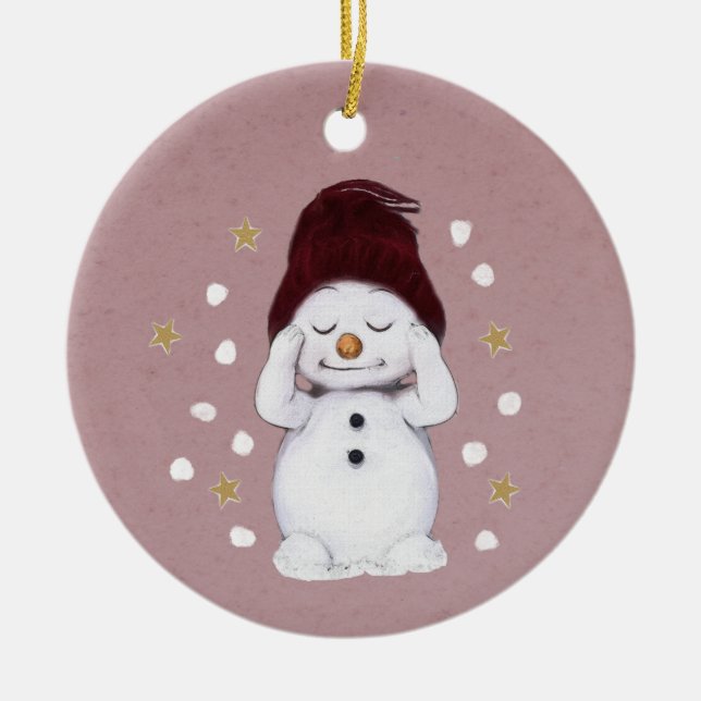 Cute Peaceful Snowman Pink Christmas Holiday Ceramic Tree Decoration (Front)