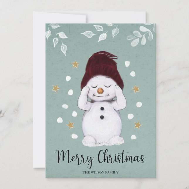 Cute Peaceful Snowman Winter Blue Christmas Holiday Card (Front)