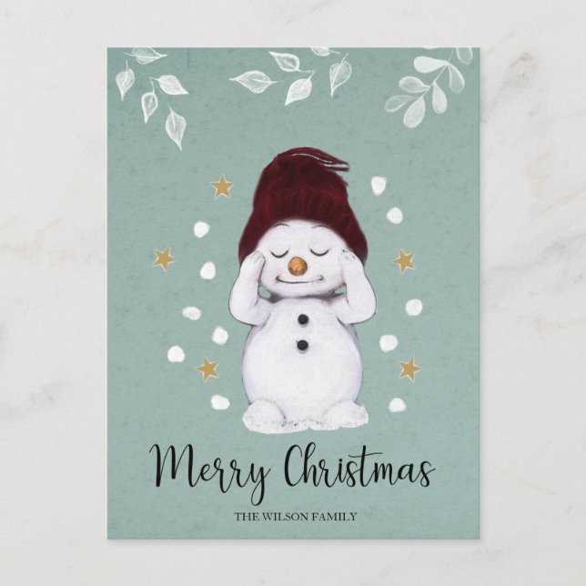 Cute Peaceful Snowman Winter Blue Christmas Holiday Postcard (Front)