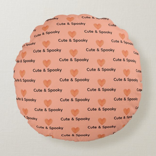 Cute Peach and Orange Repeating Heart Pattern Typo Round Cushion (Front)