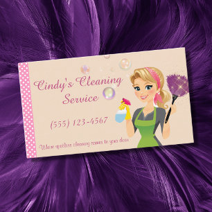 Cute Peach Cartoon Maid House Cleaning Services Business Card