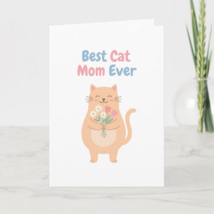 Cute Peach Cat Holding Flowers Illustration Card