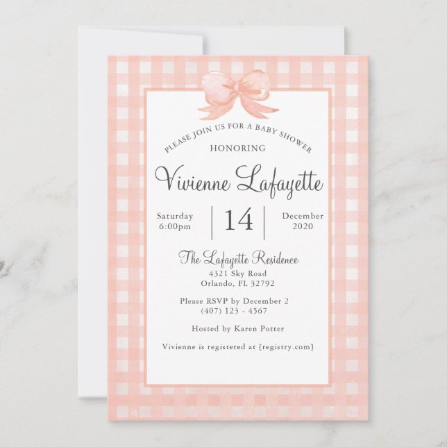 Cute Peach Gingham with Bow Baby Shower Invitation (Front)