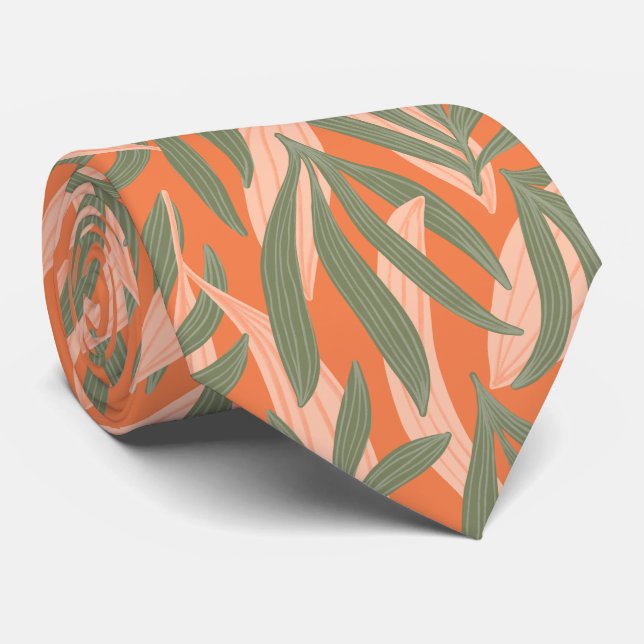 cute peach green tropical leaf pattern  tie (Rolled)