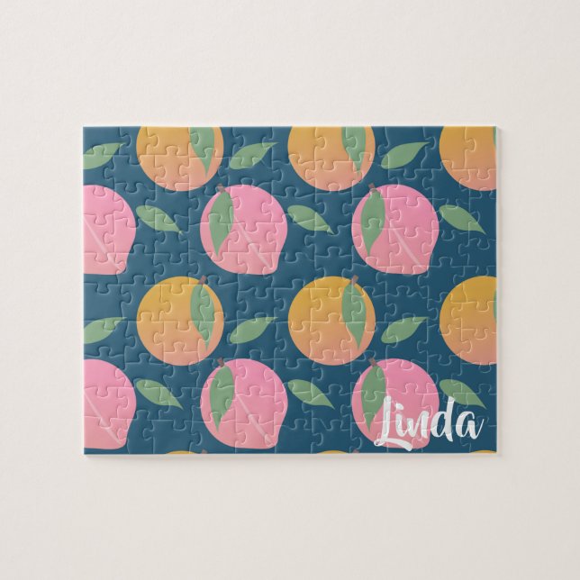 Cute Peach Orange Fruit Pattern Pink Jigsaw Puzzle (Horizontal)