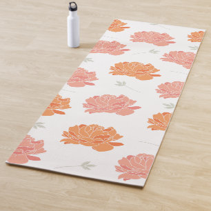 Cute Peach & Orange Peonies Floral Pattern Yoga Mat