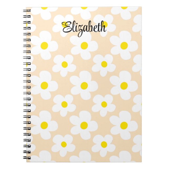 Cute peach retro daisies girly journalling notebook (Front)