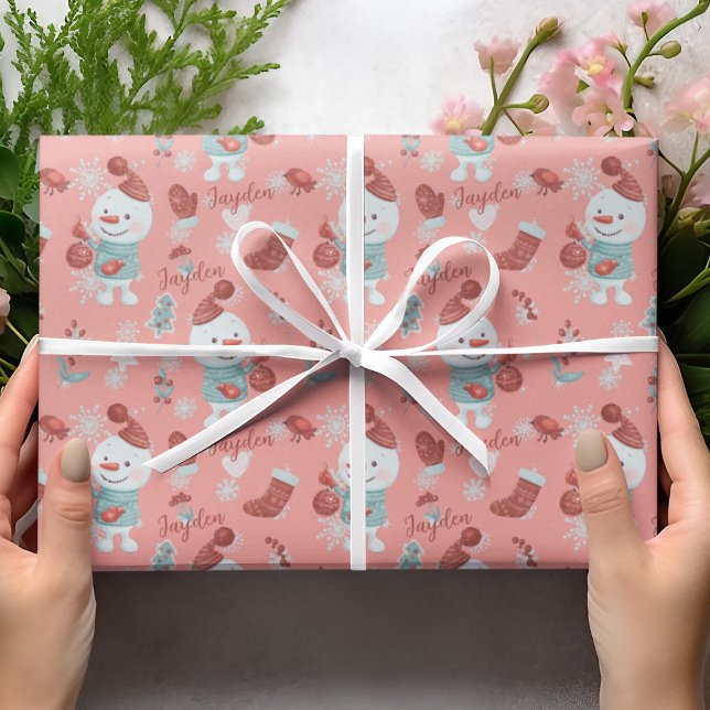 Cute Peach Snowman Cartoon Girl Custom Name Wrapping Paper (Cute Peach Snowman Cartoon Girl Custom Name Wrapping Paper
)